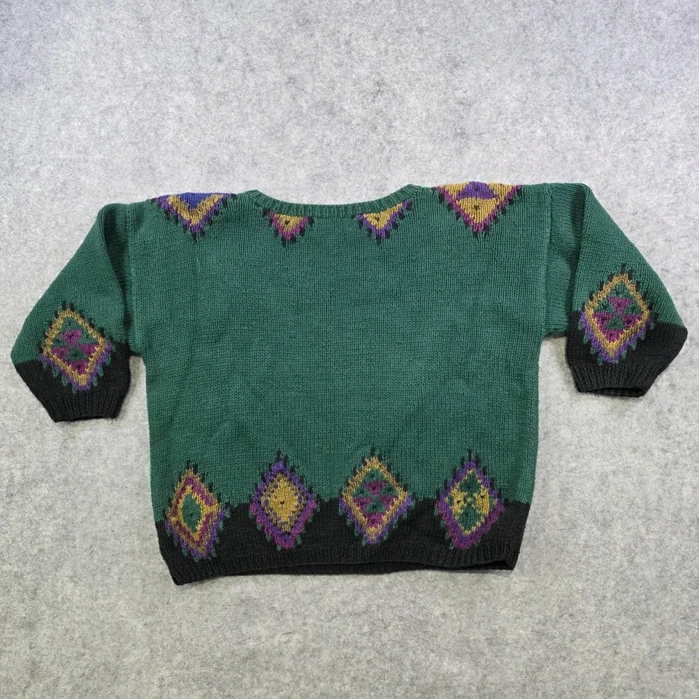 Jennifer Reed Sweater Womens Medium Green Ramie Cotton Rose Argyle Knit Pullover